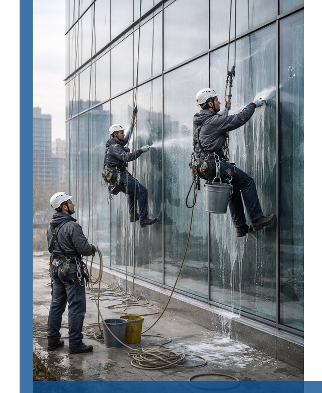 Промышленная мойка панорамных окон на высоте в Малоярославце