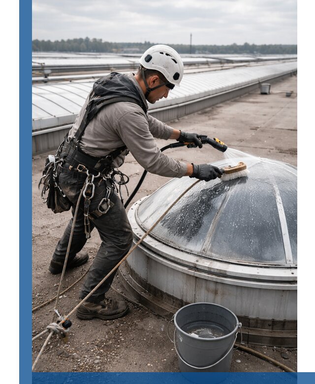 Мойка зенитных фонарей на кровле для промышленных объектов в Малоярославце