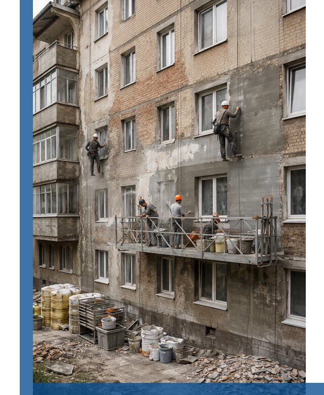 Капитальный ремонт фасада в Малоярославце с восстановлением и гидроизоляцией