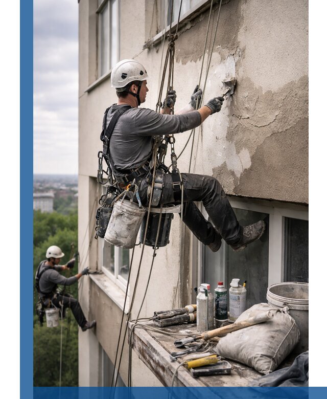 Косметический ремонт фасада зданий в Малоярославце промышленными альпинистами