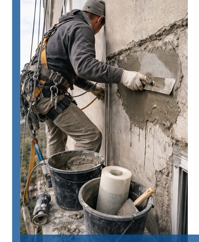 Ремонт бетонных элементов фасада промышленными альпинистами в Малоярославце