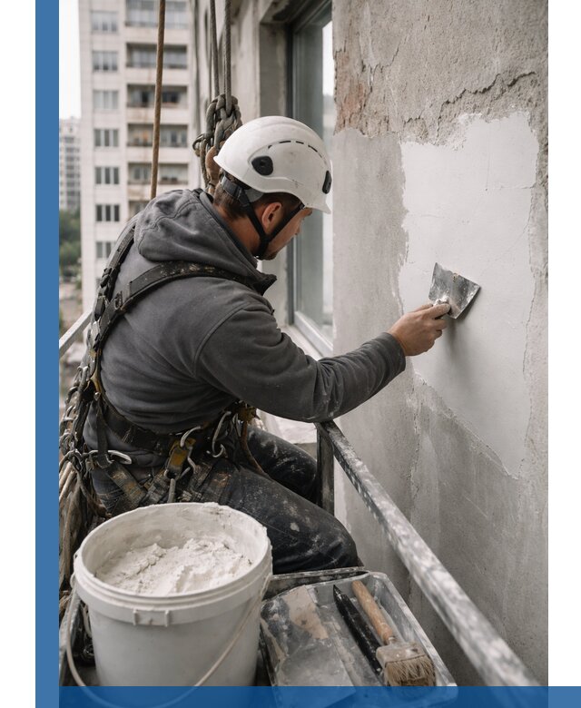 Шпаклевка фасадов на высоте с промальпинистами в Малоярославце