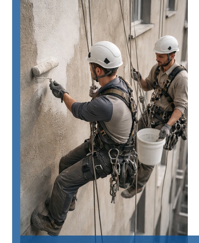 Грунтовка фасада на высоте в Малоярославце промышленными альпинистами