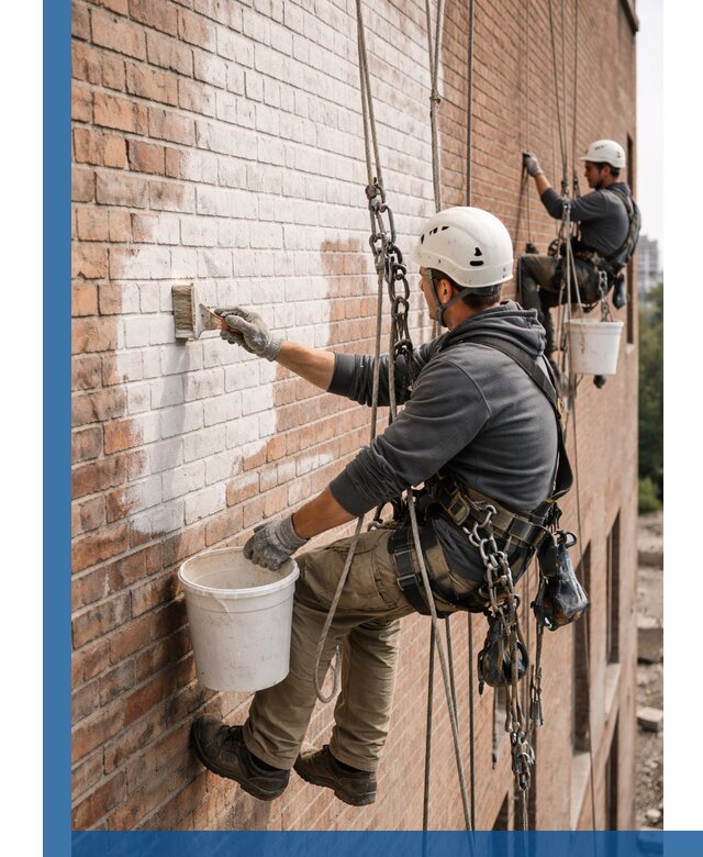 Покраска кирпичного фасада с доступным альпинистским сервисом в Малоярославце