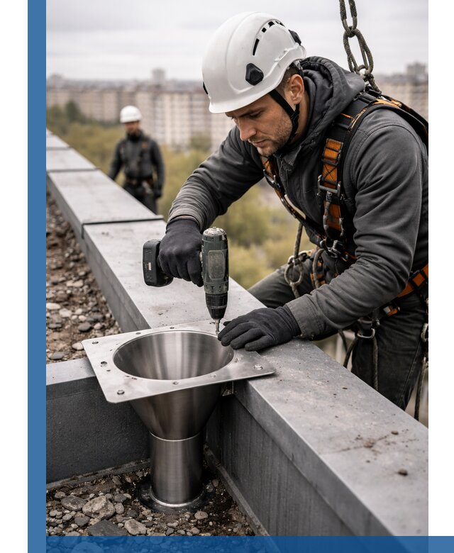 Монтаж водосточных воронок в Малоярославце для промышленных зданий