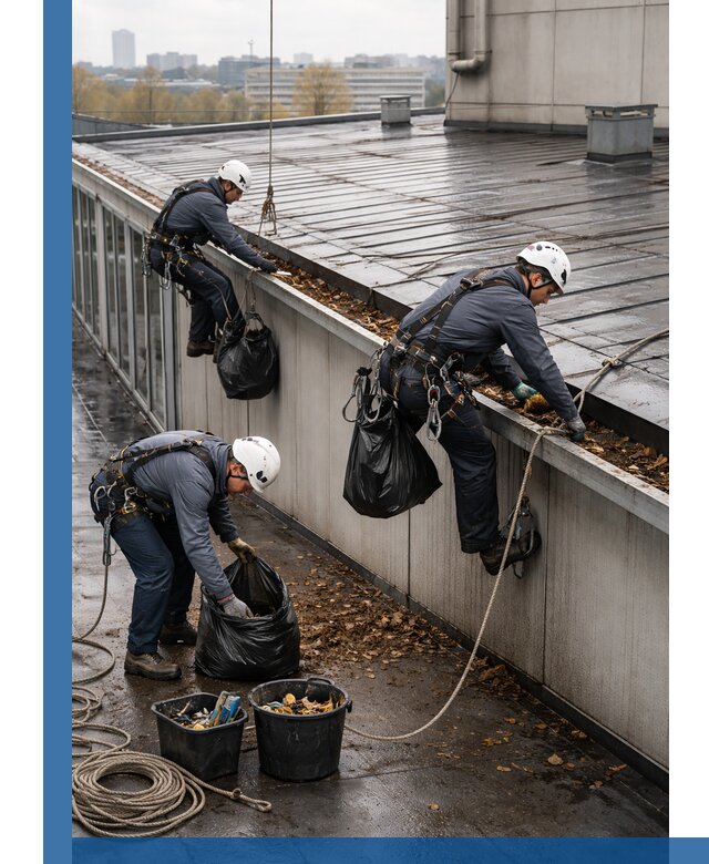 Очистка кровли по периметру в Малоярославце силами промышленных альпинистов