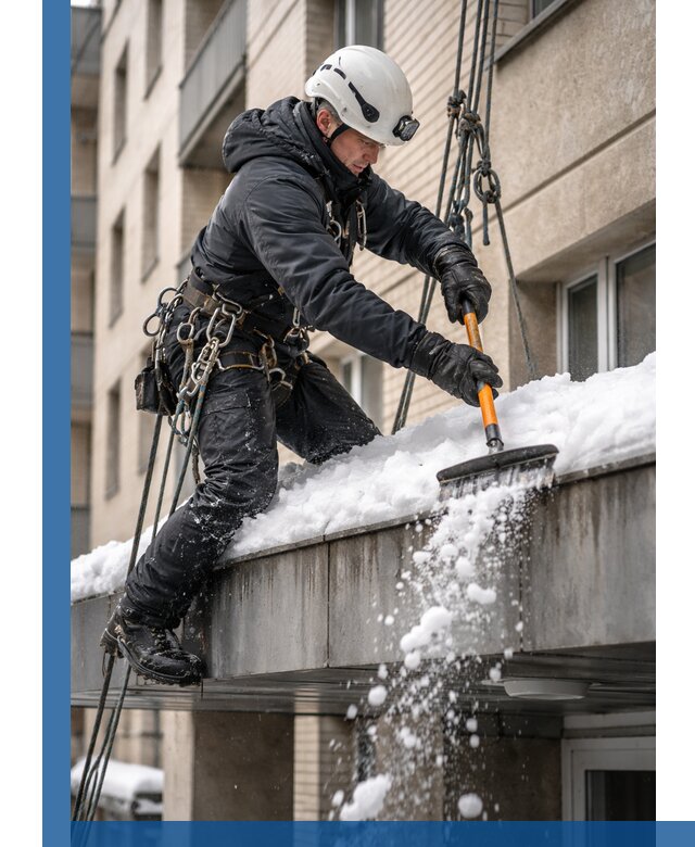 Очистка козырьков от снега в Малоярославце круглогодично безопасно