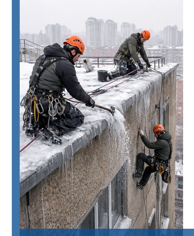 Удаление наледи с кровли в Малоярославце промышленными альпинистами