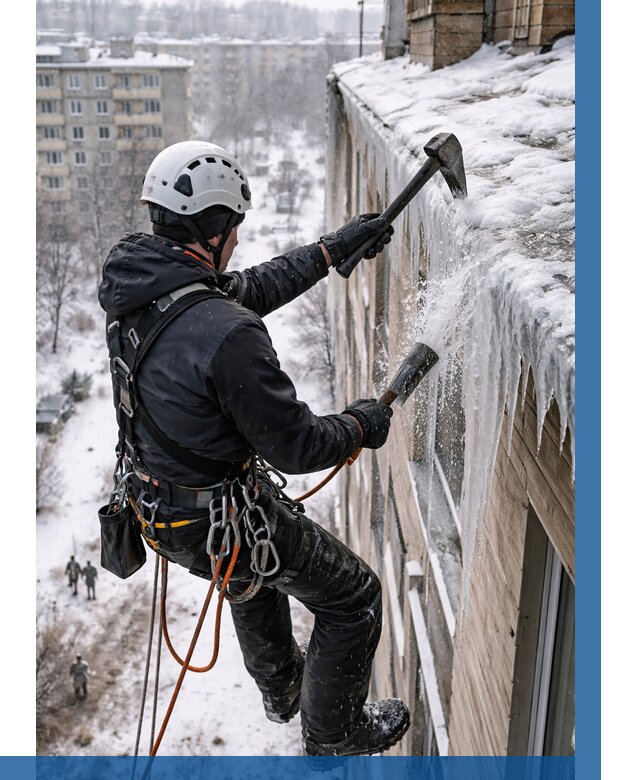 Сбивание сосулек с крыши в Малоярославце по цене от 4654 р. | ВЫСОТНИК-Млр