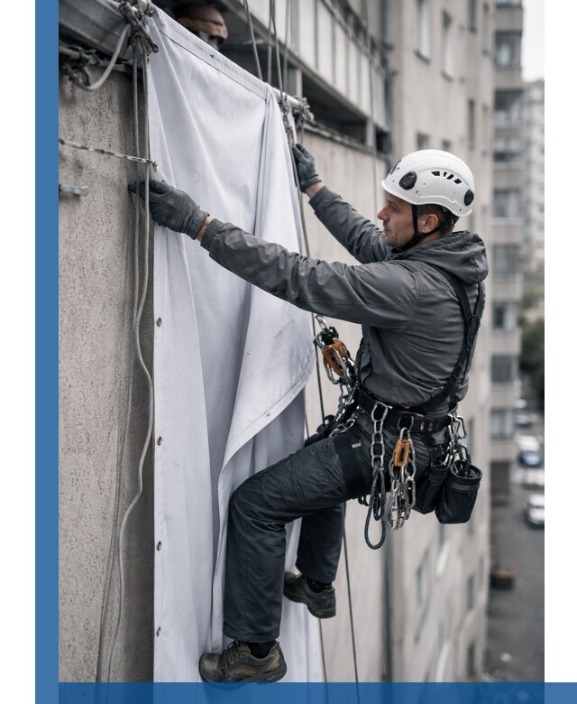 Замена баннерного полотна промышленными альпинистами в Малоярославце
