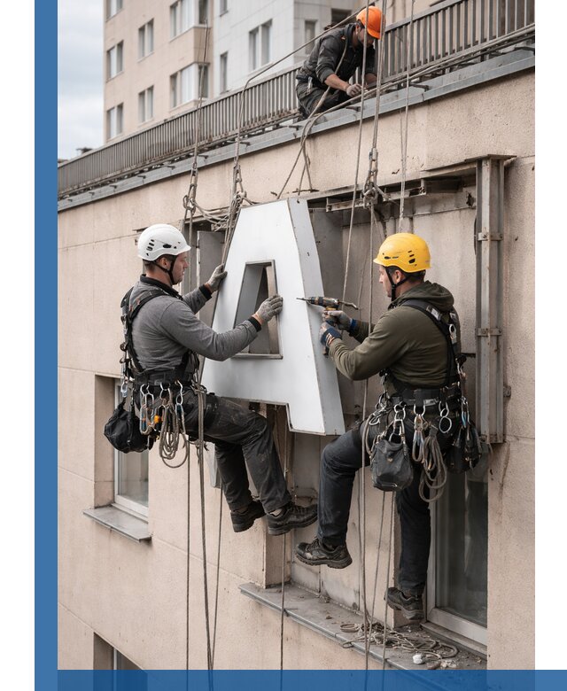 Ремонт и восстановление наружных вывесок на высоте в Малоярославце