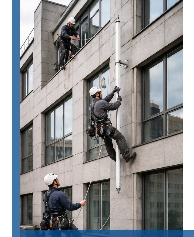 Монтаж флагштока на фасаде здания с креплением и герметикой в Малоярославце