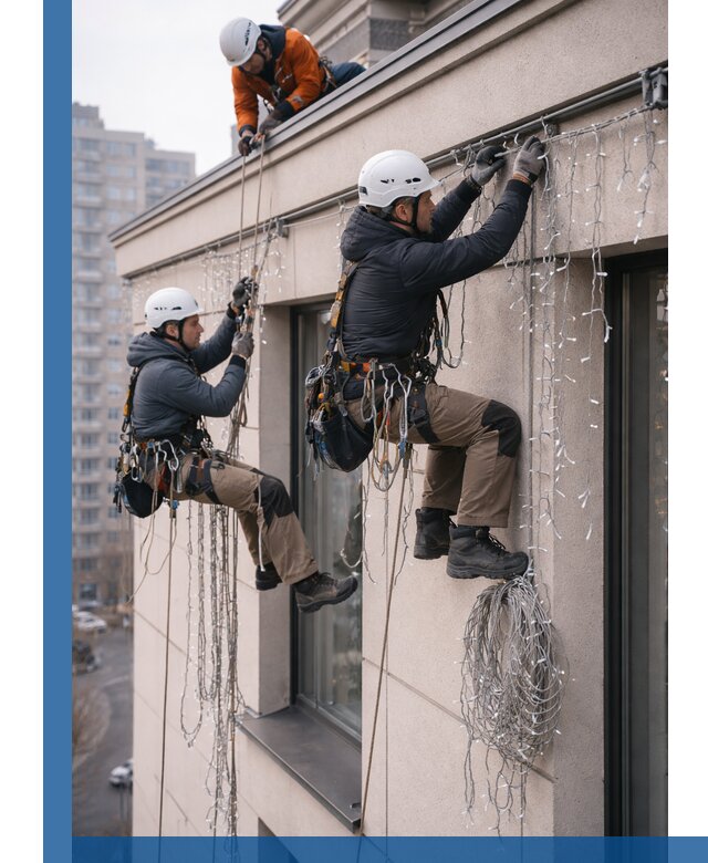 Монтаж праздничных гирлянд на фасаде в Малоярославце для зданий