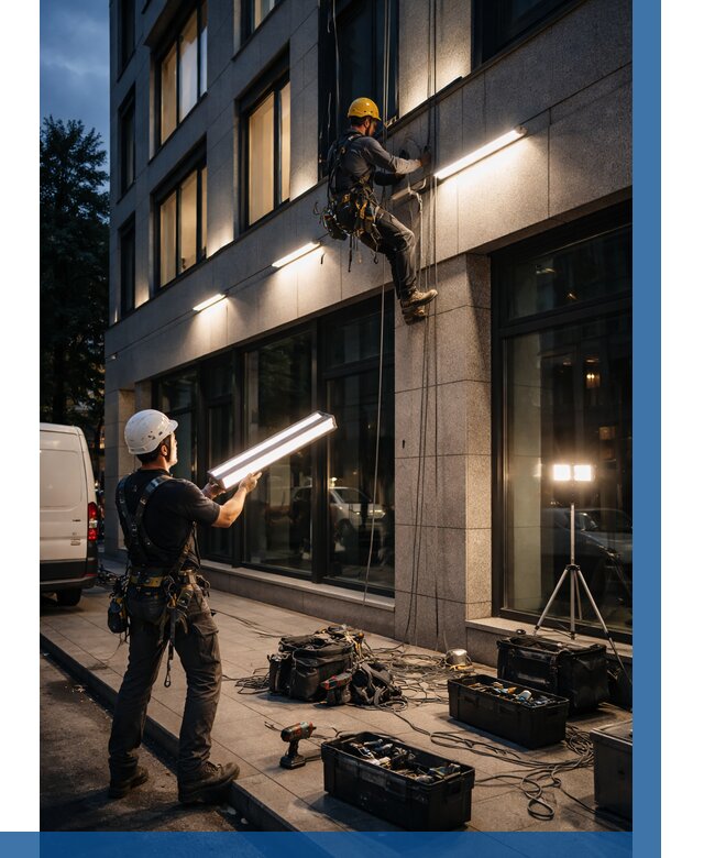 Монтаж архитектурной подсветки здания в Малоярославце от 2586 р.|ВЫСОТНИК-Млр