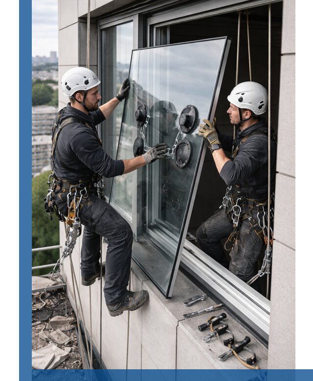 Замена стеклопакетов на высоте с промышленными альпинистами в Малоярославце
