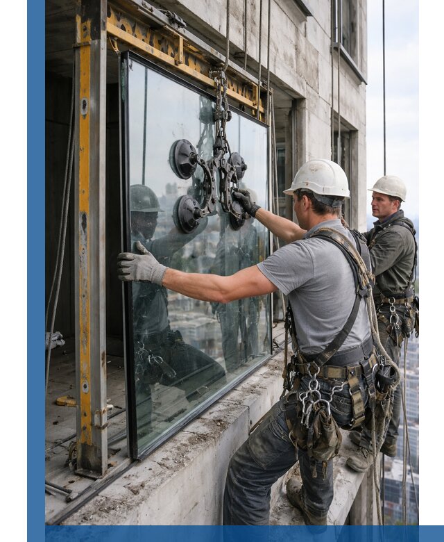 Монтаж стеклопакетов на высоте в Малоярославце с промышленным альпинизмом