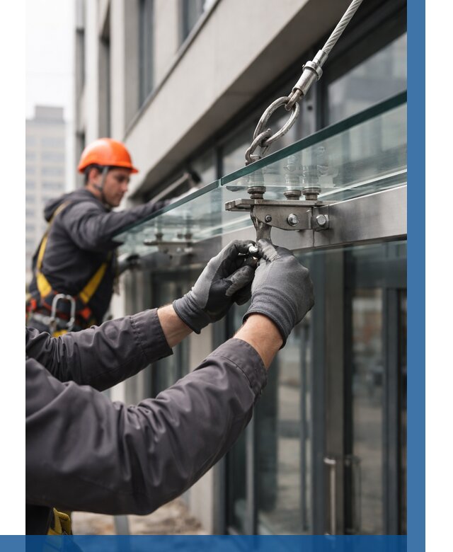 Монтаж стеклянных козырьков в Малоярославце от 8791 р. | ВЫСОТНИК-Млр