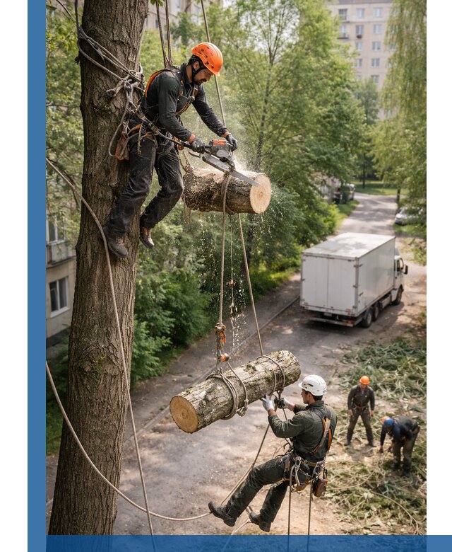 Спил деревьев альпинистами в Малоярославце, безопасно и без повреждений