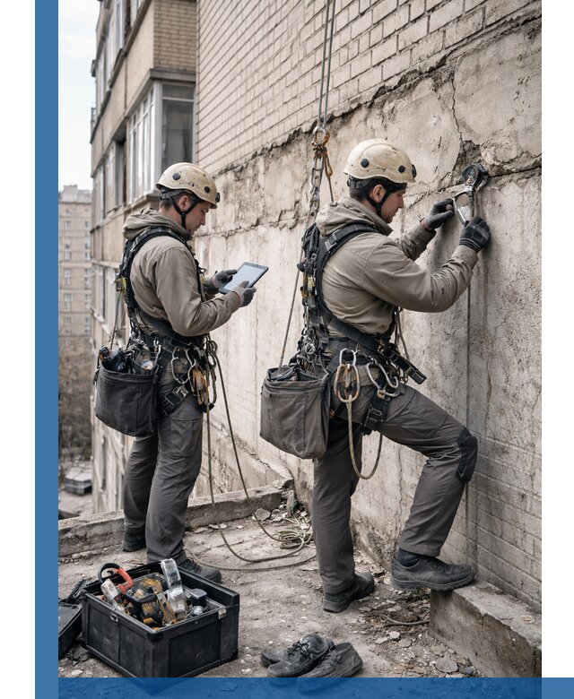 Обследование фасада промышленными альпинистами в Малоярославце